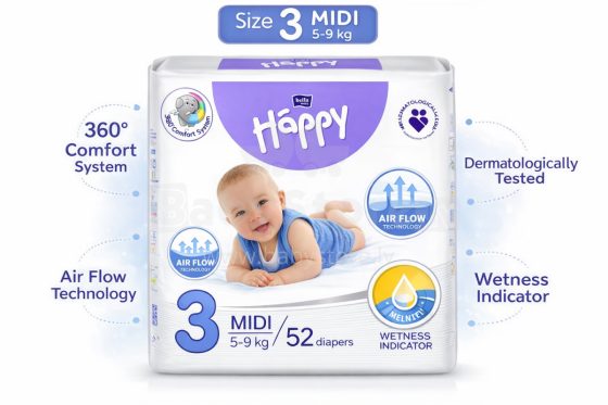 Happy Pants Midi Art.BB-055-MU26-001 Baby mähkmed-aluspüksid 4 suurusega 6-11 kg, 26 tk.