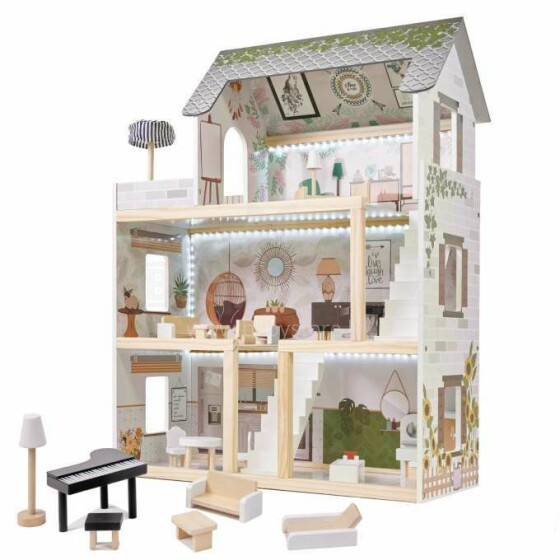 Ikonka  Dollhouse LED Art.KX5944 Деревянный кукольный домик с мебелью