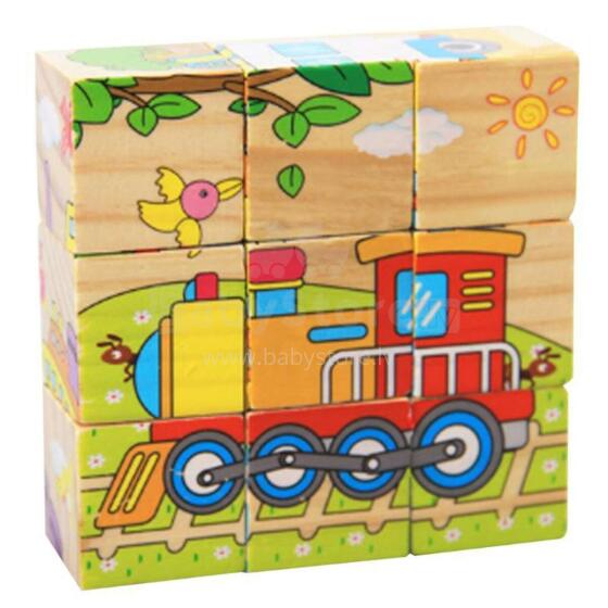 Ikonka Art.KX7878_2 Hariduslike puidust puzzle plokid Sõidukid 9el.