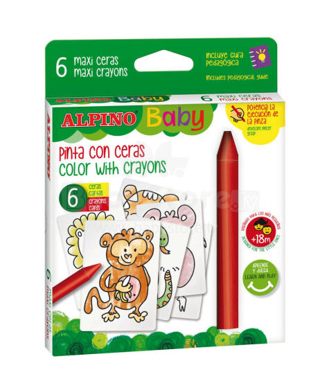 Ikonka Art.KX6056 ALPINO BABY Paksud vahakriidid 6 värvi + džungli kaardid