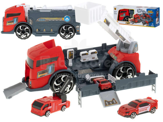 Ikonka Art.KX5994 Transporter veoauto TIR 2in1 parkimismaja tuletõrje + 3 autot punane