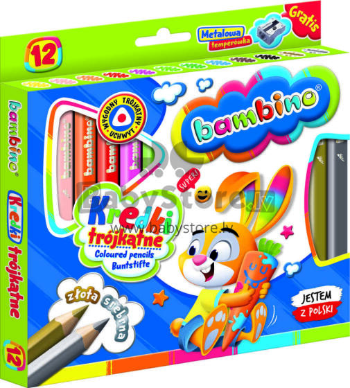 Ikonka Art.KX5484 BAMBINO Wooden-framed triangular pencils 12 colours + sharpener