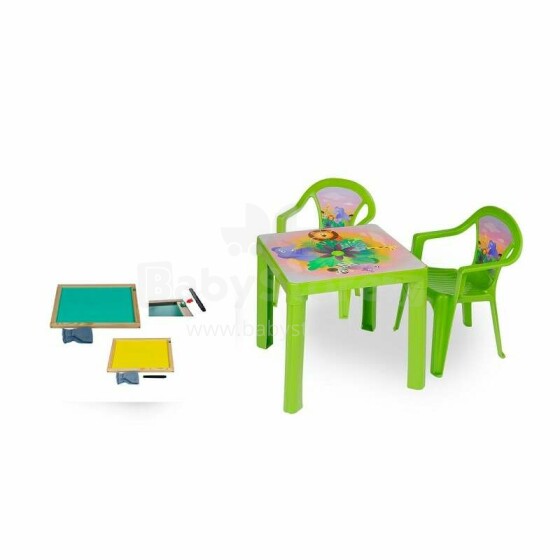 3toysm Art.ZMT set of 2 chairs, 1 table and 1 bilateral wooden board green Komplektis 2 tooli, 1 laud ja 1 kahepoolne puitlaud