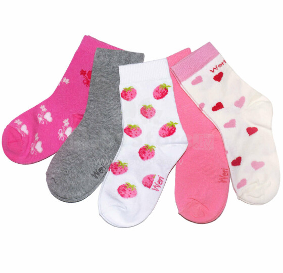 Weri Spezials Children's Socks Strawberry Pink and White ART.WERI-4314 Pack of five high quality children's cotton socks