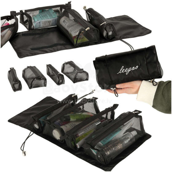 Ikonka Art.KX4107_1 Folding cosmetic bag travel detachable roll-up 4in1 large capacity portable black