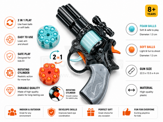 I-Toys Pistol Art.172219 2-ühes mängurevolver-blaster pehmete pallidega