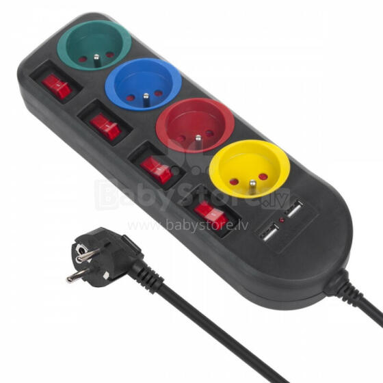 Удлинитель с выключателями, 4 розетки + 2xUSB-удлинителя MCE229B, черный