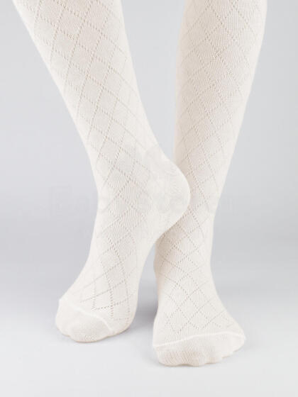 NOVITI RB010-G-02 Cotton jacquard tights, rhombus pattern, ecru 104/110