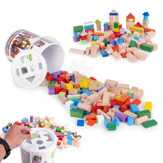Puidust plokid lastele, 100 tükki, sorteerimispurk ECOTOYS