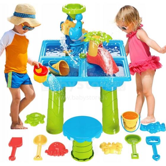 WOOPIE Veelaud 2in1 Liivakast XL Tooliga Aquapark 4-Basseiniga 13 tk.