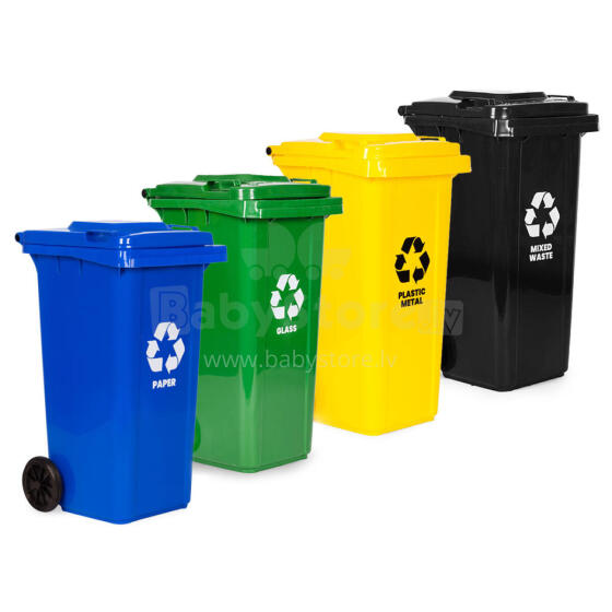 4 prügikasti komplekt 4x120L sinine roheline kollane must paber klaas plastmass segaprügi kummirattad