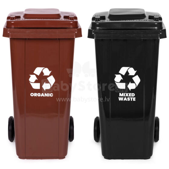 Kaks prügikasti komplekt 2x120L must pruun segaprügi BIO kummirattad
