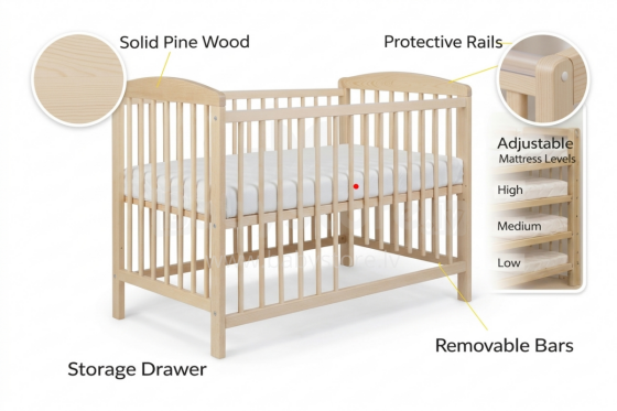 La Bebe™ Kids Wood Cot Sosna Art.279424 Natural Laste puidust võrevoodi 120x60 cm
