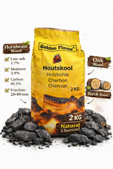 Natural Hardwood Charcoal Art.279740 Premium puusüsi Golden Flame 8L — ideaalne grillimiseks ja BBQ‑ks,2 kg