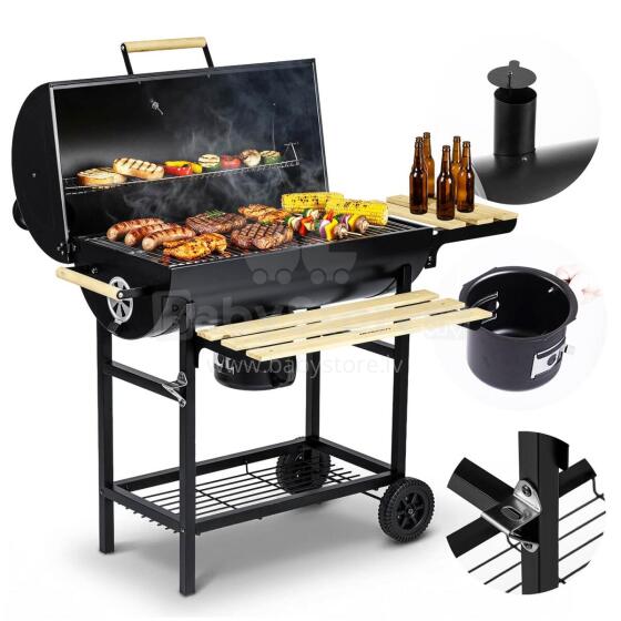 Aed süsi grill barrel koos korstnaga riiulite + termomeetri + tuhatoosiga Berdsen BD-895 must