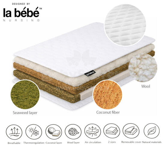 La Bebe™ mattress 120×60 cm Sleep, coconut fiber + seaweed + wool, 6 cm coconut + 2 cm seaweed