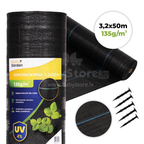 Black UV-resistant agro fabric 135 g/m² weed control mat 3.2×50 m, pins, MultiGarden