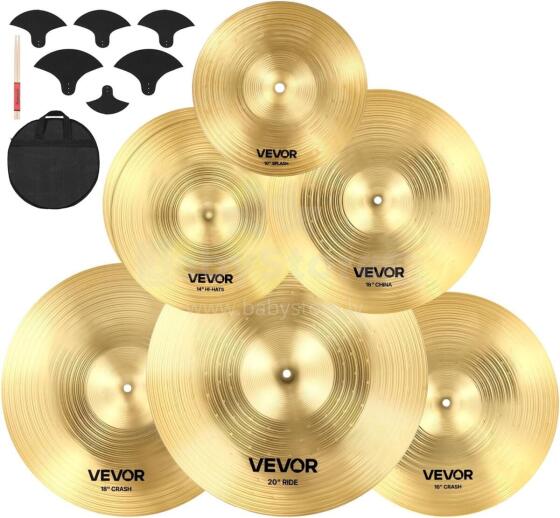 Vevor 6 Piece Cymbal Set Drumsticks Art.287554  taldrikute komplekt, sulamist taldrikud, trummikomplekt sisaldab 355 mm hi-hat'i, 400 ja 455 mm crash'i, 505 mm ride'i, 254 mm splash'i, 400 mm