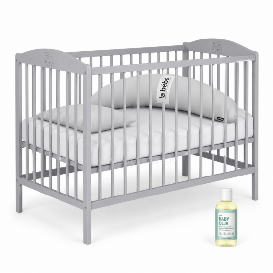 La Bebe™ Kids Wood Cot  Art.290262 Grey Komplekt: Laste puidust võrevoodi sahtliga + voodipesu + Kuu hobuseraud + beebiõli 120x60 cm