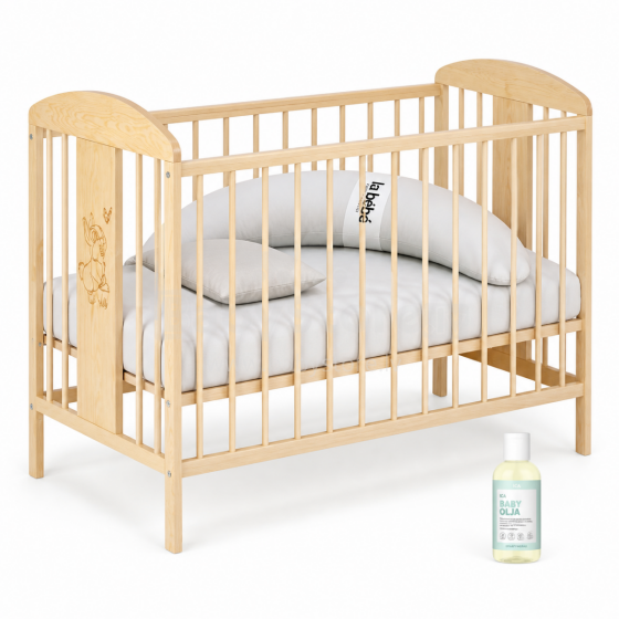 La Bebe™ Kids Wood Cot  Art.290263 Natural Komplekt: Laste puidust võrevoodi sahtliga + voodipesu + Kuu hobuseraud + beebiõli 120x60 cm