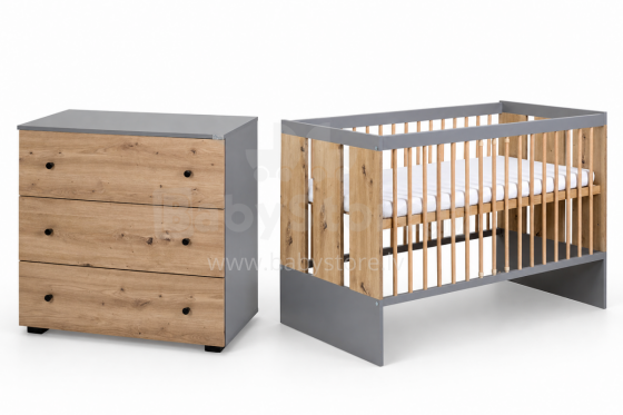 Klups Pauline Art.290267 Graphite/Oak  Komplekt: Laste võrevoodi kaitsva küljega 120x60 cm + kummut
