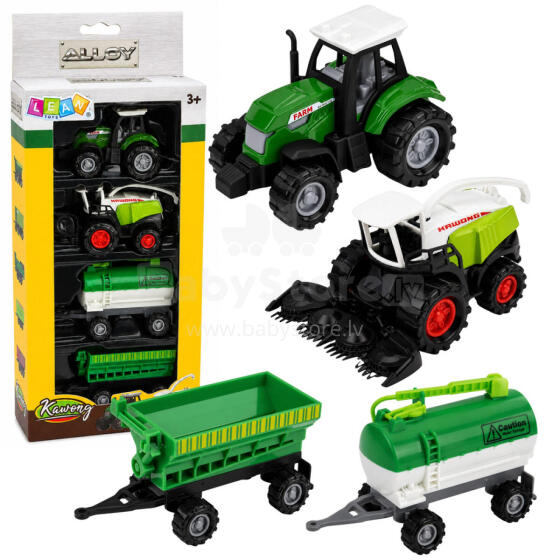 Põllumajandussõidukite komplekt Traktor, Heina koristaja, Tanker, Väetise laotur 1:68 4 tk.