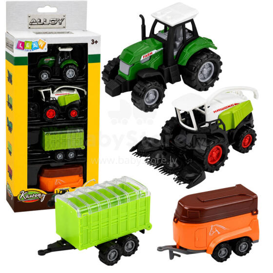 Põllumajandussõidukite komplekt Traktor, Heina Korjaja, Veokid 1:68 4 tk.