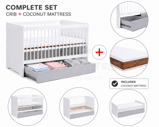 Klups Dalia Set Art.299158 White/Grey  Puidust beebivoodi (120x60 cm) koos hoiukastiga + kookoskiust madrats (120x60x8 cm)