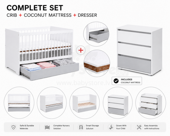 Klups Dalia Set Art.299159 White/Grey Puidust beebivoodi (120x60 cm) ilma pesukastita + kookoskiust madrats (120x60x8 cm)+kummut