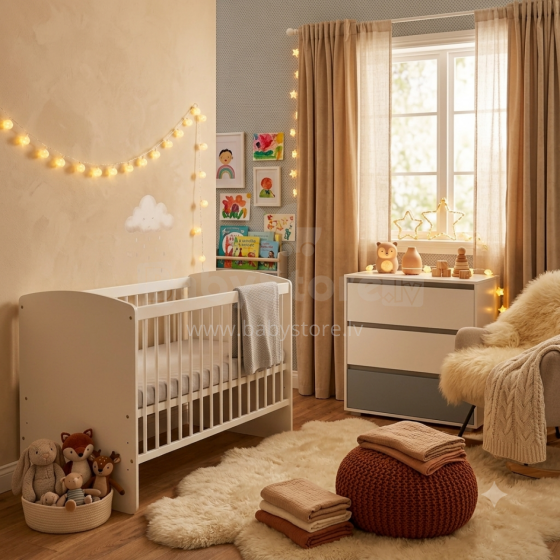 Klups Dalia Karol LUX Set Art.DK299155 White Puidust beebivoodi (120x60 cm) ilma pesukastita + kookoskiust madrats (120x60x8 cm)+kummut