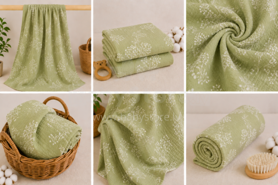 Yukkidds Muslin Cloths Art.299918 Green Leaf  Высококачественная муслиновая пелёнка из бамбука, 1 шт. (60x60см)