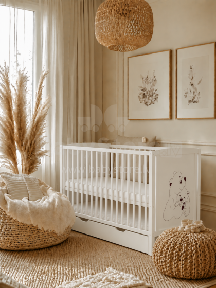 Elf Bed Bloom Drawer Art.300023 Bear White Puidust beebivoodi hoiuruumiga (120x60 cm)