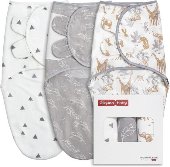 Gllquen Swaddle Set Art.300520 Jungle Puuvillane mähkimislina mugavaks uneks; sobib 3,2–6,4 kg kaaluvate imikute mähkimiseks.3 psc