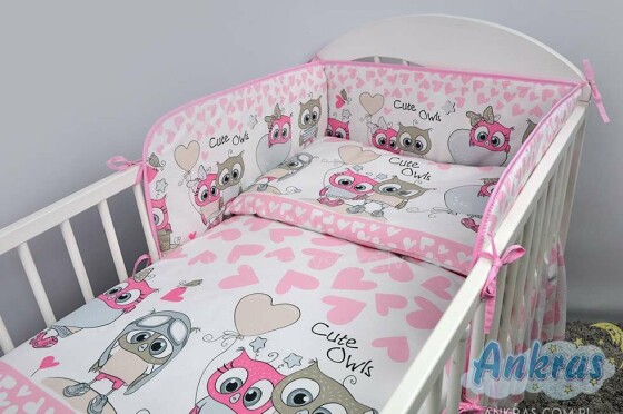ANKRAS Art.39135 Sowa/Serca Pink Бортик-охранка для детской кроватки 180 cm