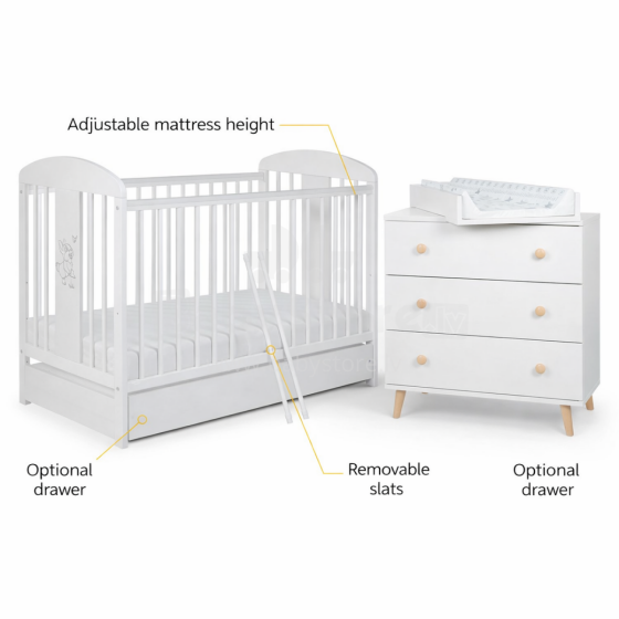 La Bebe™ Bedding Wood Set Tomi Art.43657 White Lastemööbli komplekt: voodi ja kummut