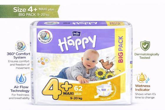 Happy Maxi Plus Big Pack Baby mähkmed 4+ suurus 9-20 kg, 62 tk.