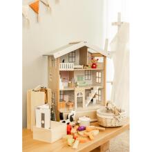 CLASSIC WORLD Large Wooden Dollhouse 2 Figures NATURAL WOOD 28 pcs.