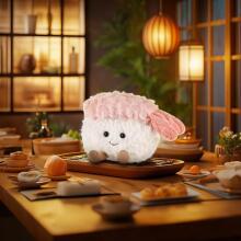 Aprikoosi-lambaliha ja krevettidega sushitoidu plush-mänguasjad lastele, pehmed armsad kaisumänguasjad beebitüdrukutele ja -poistele, kohevad krevettidega sushiroosad 8 cm