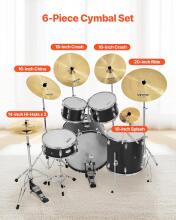 Vevor 6 Piece Cymbal Set Drumsticks Art.287554  taldrikute komplekt, sulamist taldrikud, trummikomplekt sisaldab 355 mm hi-hat'i, 400 ja 455 mm crash'i, 505 mm ride'i, 254 mm splash'i, 400 mm