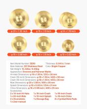 Vevor 6 Piece Cymbal Set Drumsticks Art.287554  taldrikute komplekt, sulamist taldrikud, trummikomplekt sisaldab 355 mm hi-hat'i, 400 ja 455 mm crash'i, 505 mm ride'i, 254 mm splash'i, 400 mm