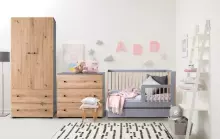 Klups Pauline Art.290267 Graphite/Oak  Komplekt: Laste võrevoodi kaitsva küljega 120x60 cm + kummut