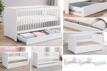 Klups Dalia Set Art.299157 White Komplekt: puidust beebivoodi (120x60 cm, ilma sahtlita) + kookoskiust madrats (120x60x8 cm) + mähkimisplaadiga kummut + riidekapp.